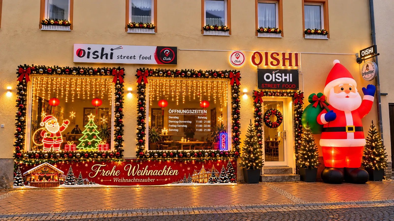 Weihnachtlich geschmückte Fassade von OISHI street food mit Lichterketten, Girlanden und Weihnachtsmann