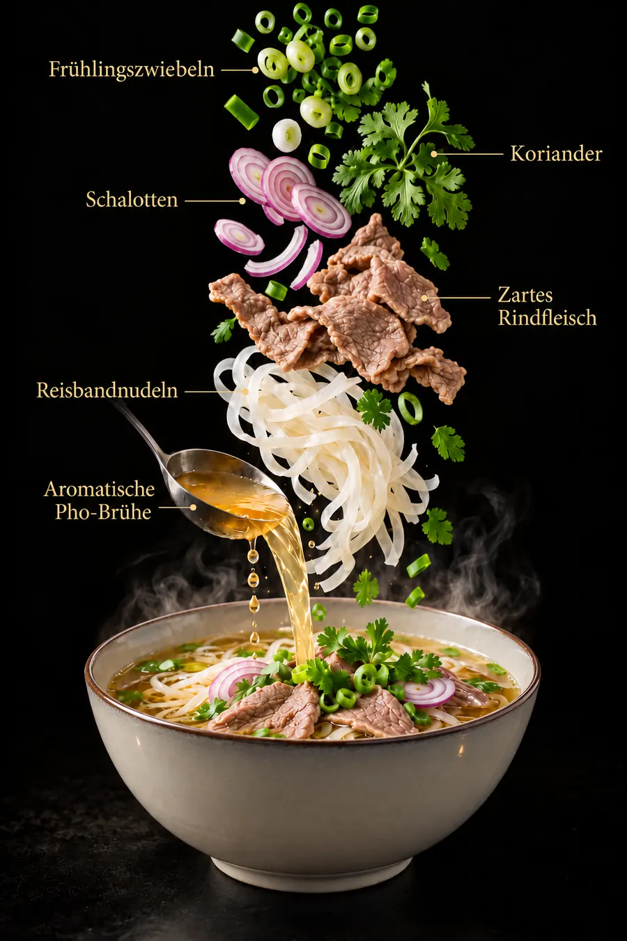 Phở-Zutaten: Frühlingszwiebeln, Koriander, Schalotten, zartes Rindfleisch, Reisbandnudeln und aromatische Phở-Brühe