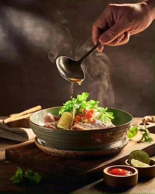 Dampfende Phở-Schüssel mit Kräutern